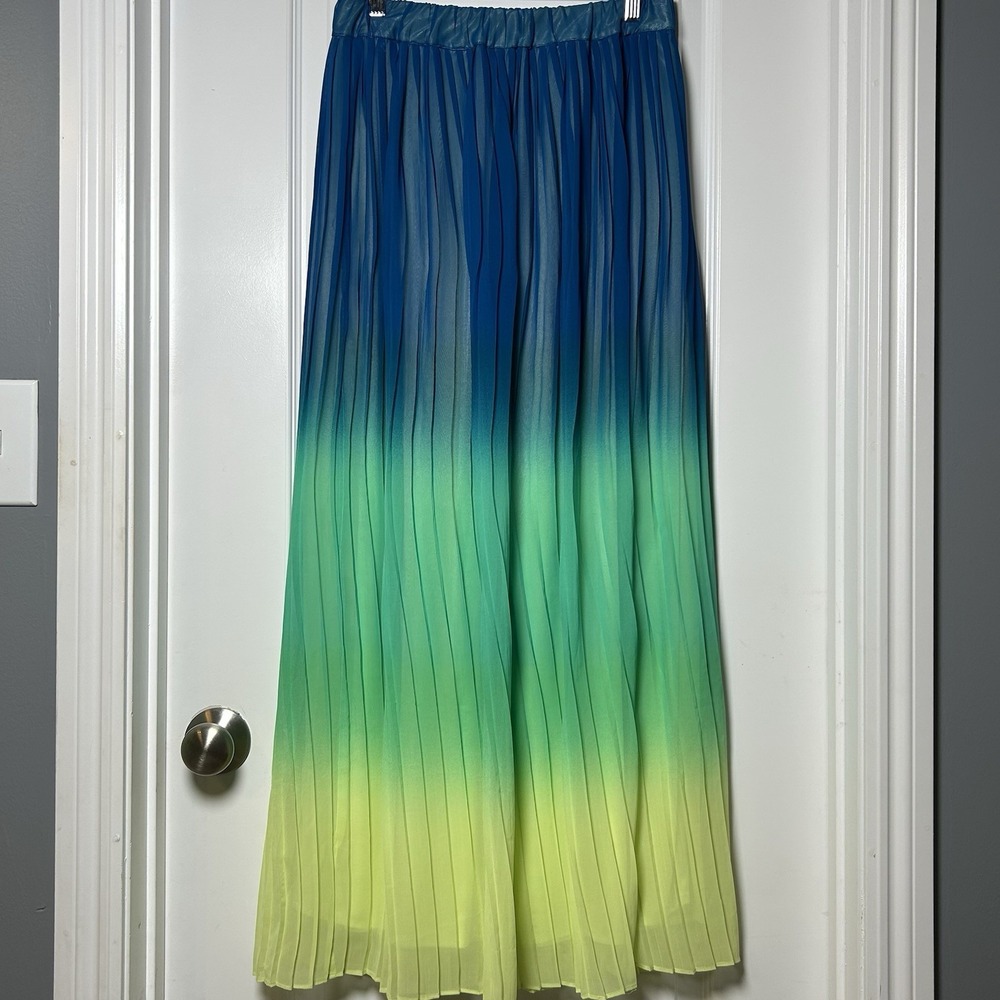 New York & Company Blue Green Ombre Pleated Chiffon Maxi Skirt Festival Style
